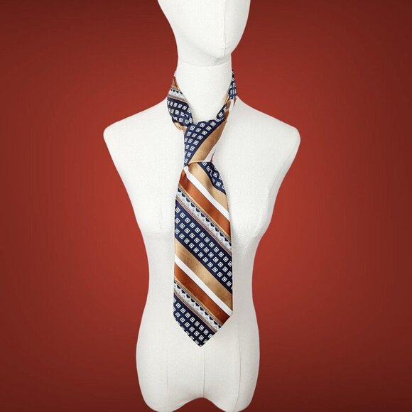 Vintage 1970's Necktie In A Bronze And Navy Retro Print. - Picture 1 of 8